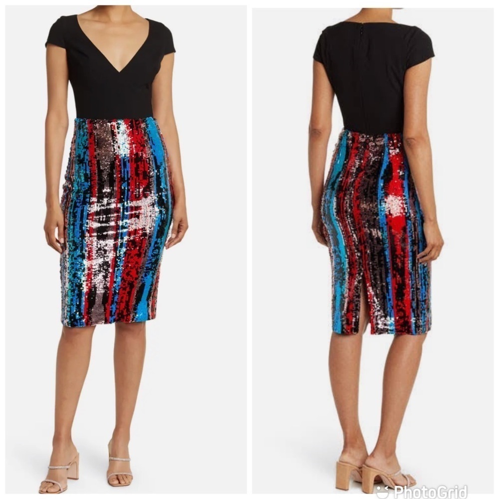 Dress the Population Jaleah Cap Sleeve Plunge Dress Black Multi Sequin NWT!